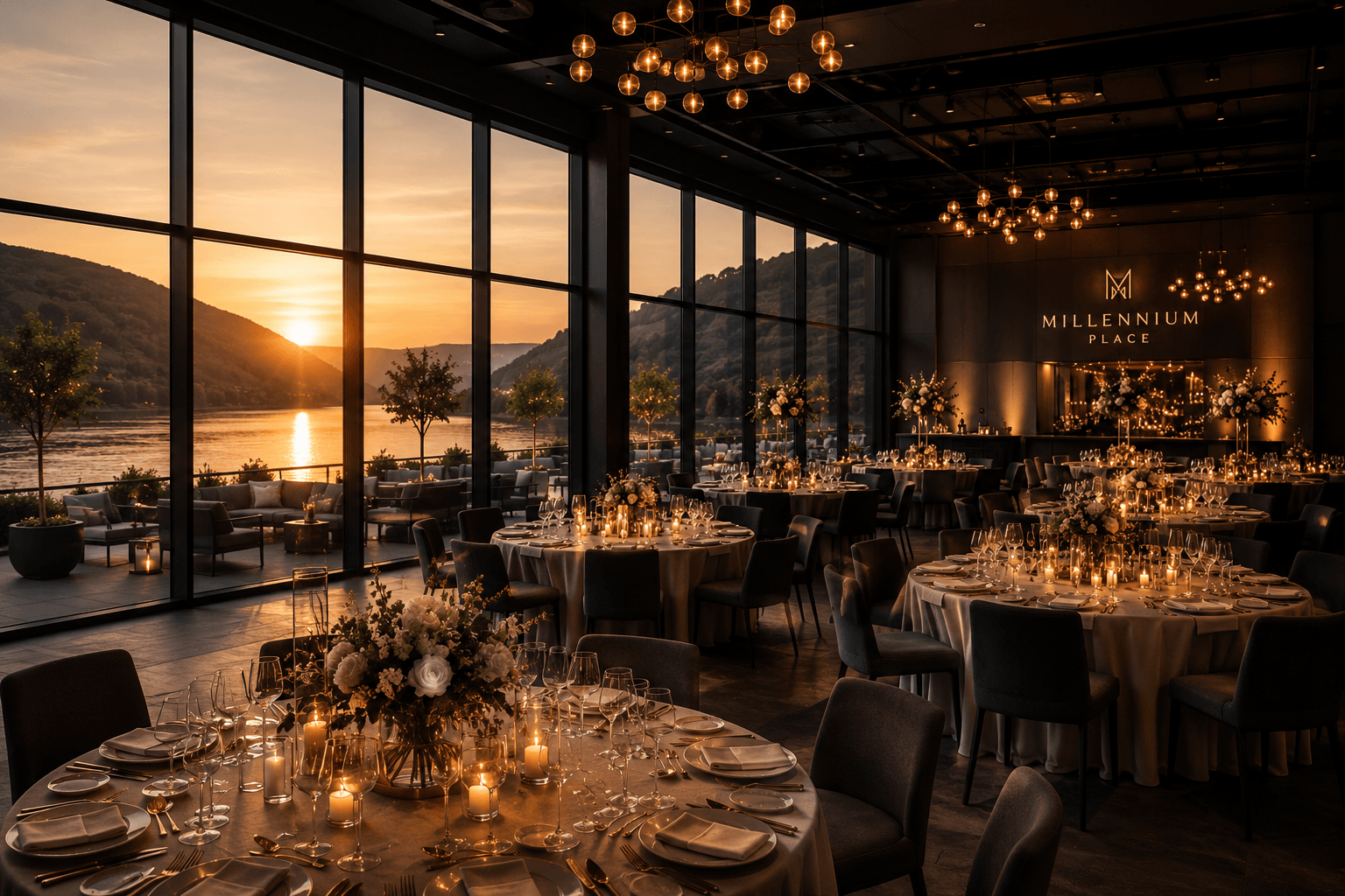 Millennium Place — Interior mit Rheinblick bei Sonnenuntergang